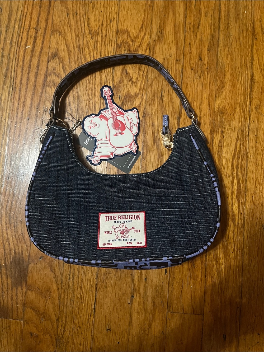NWT True Religion Denim Shoulder Bag with Red Crest and Two Charms - Picture 9 of 14